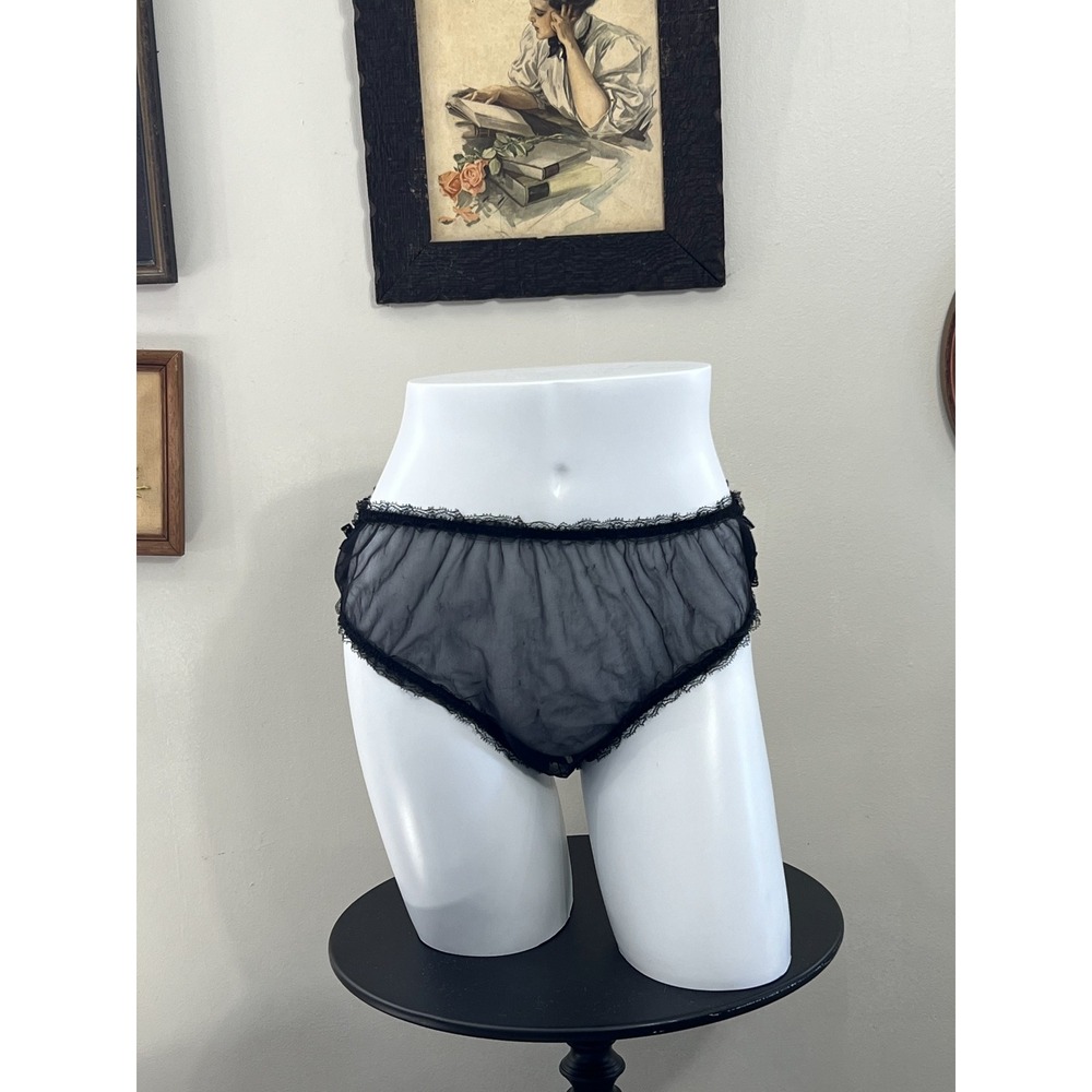 Vintage Sheer Black Mesh Ruffle Lace Trim Panties Size S